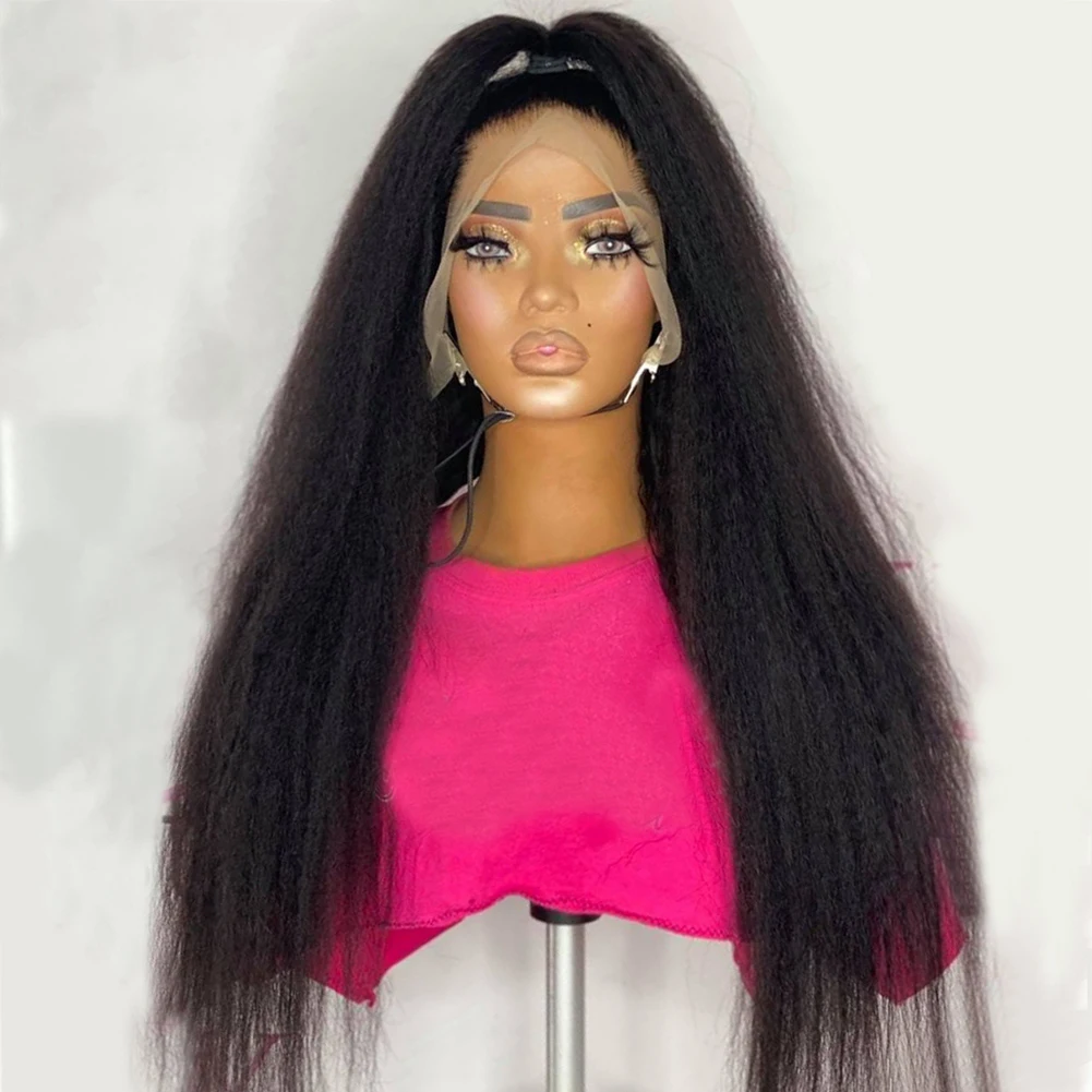 Natural Black Soft 28 inch 200% Density Long Yaki Kinky Straight Lace Front Wig For Women With Baby Hair Preplucked Glueless