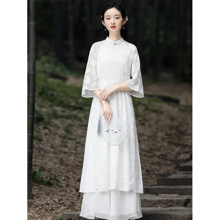 

2024 Traditional Vietnam Chiffon Ao Dai Chinese Set Qipao For Women Fariry Cheongsam Dress Ethnic Style Costume Aodai Dress