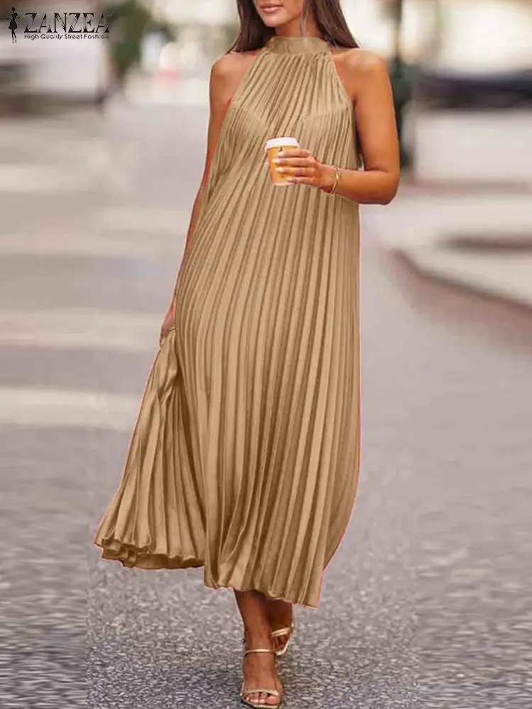 Vintage Sleeveless Long Dresses Women Halter Neck Sundress ZANZEA Fashion Pleating Party Robes 2023 Summer Sexy Solid Maxi Robe