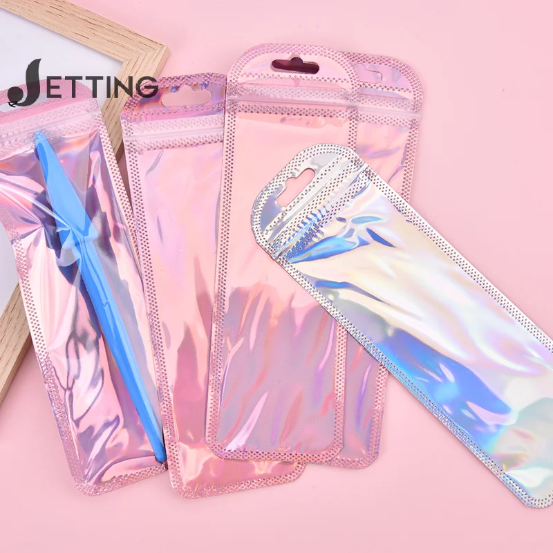 50pcs/Packs Resealable Holographic Bags Cute Eyelash Packaging Bags For Lip Gloss Lash Foil Small Ziplock Bags