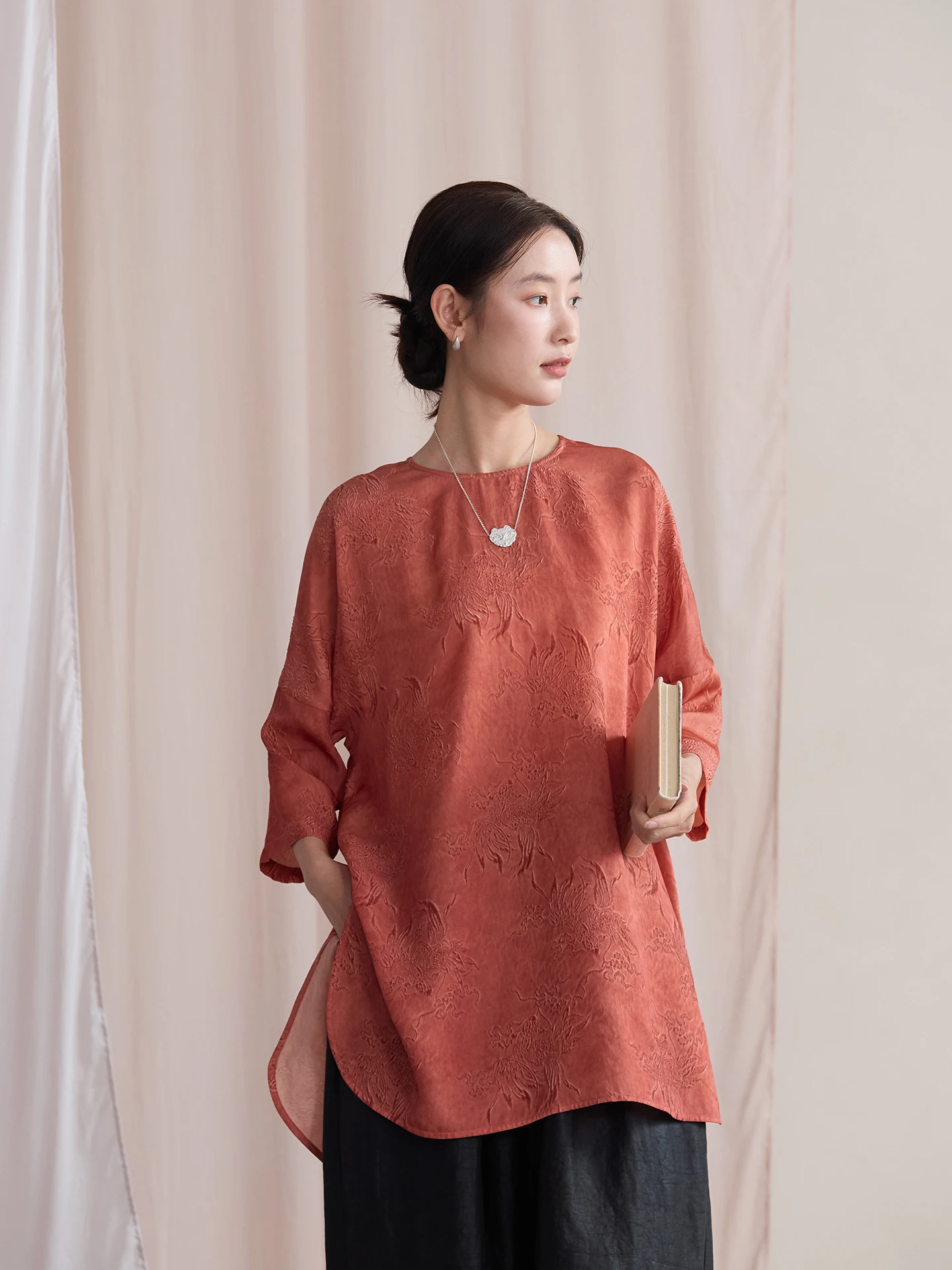 

Feng оригинальный шелковый топ из смешанного волокна с двойной вышивкой в стиле дзен Sle oulder Drop Sve для женщин, китайский топ