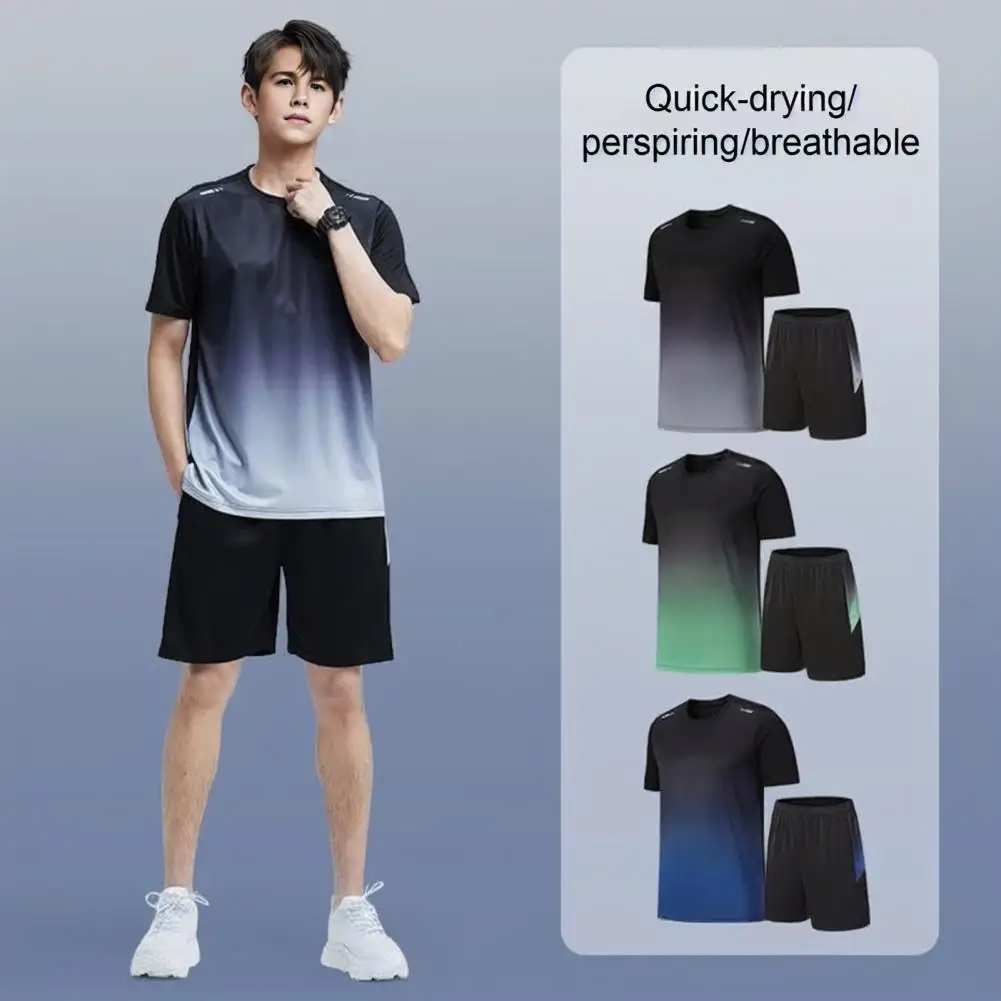 Men Summer Casual Outfit Men's Summer Casual Outfit Set O-neck Short Sleeve T-shirt Elastic Waist Wide Leg Shorts in Gradient