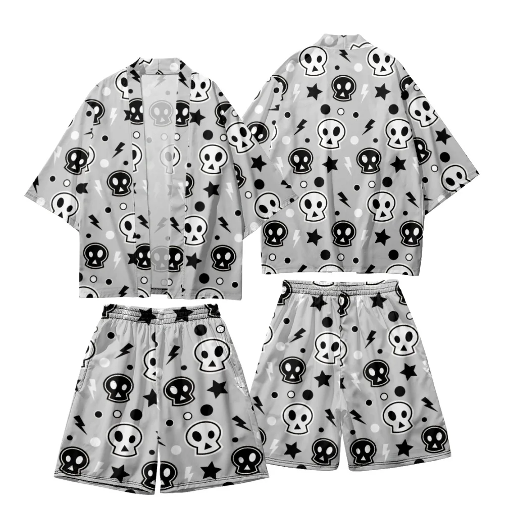 

Chinese Style Traditional Print Harajuku Kimono Shorts Sets Two-Piece Suit Yukata Japanese Cardigan Women Men Cosplay