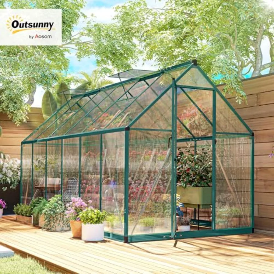 11x6 Feet Polycarbonate Greenhouse with Swing Door for outdoor gardening, durable polycarbonate panels, green color, UV-resista