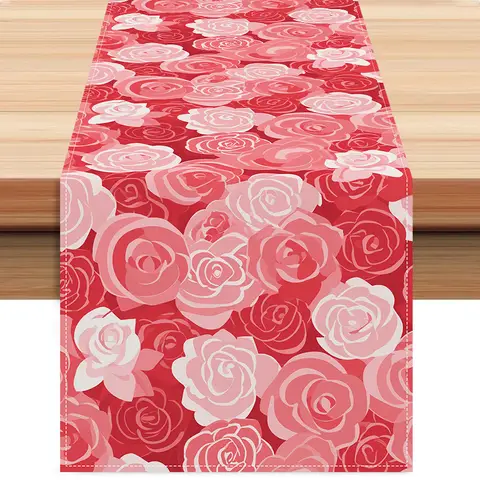 1pc Valentine's Day Red Pink Rose Table Runner Romantic Floral Decor for Dinner Party Wedding Tablecloth Decoration