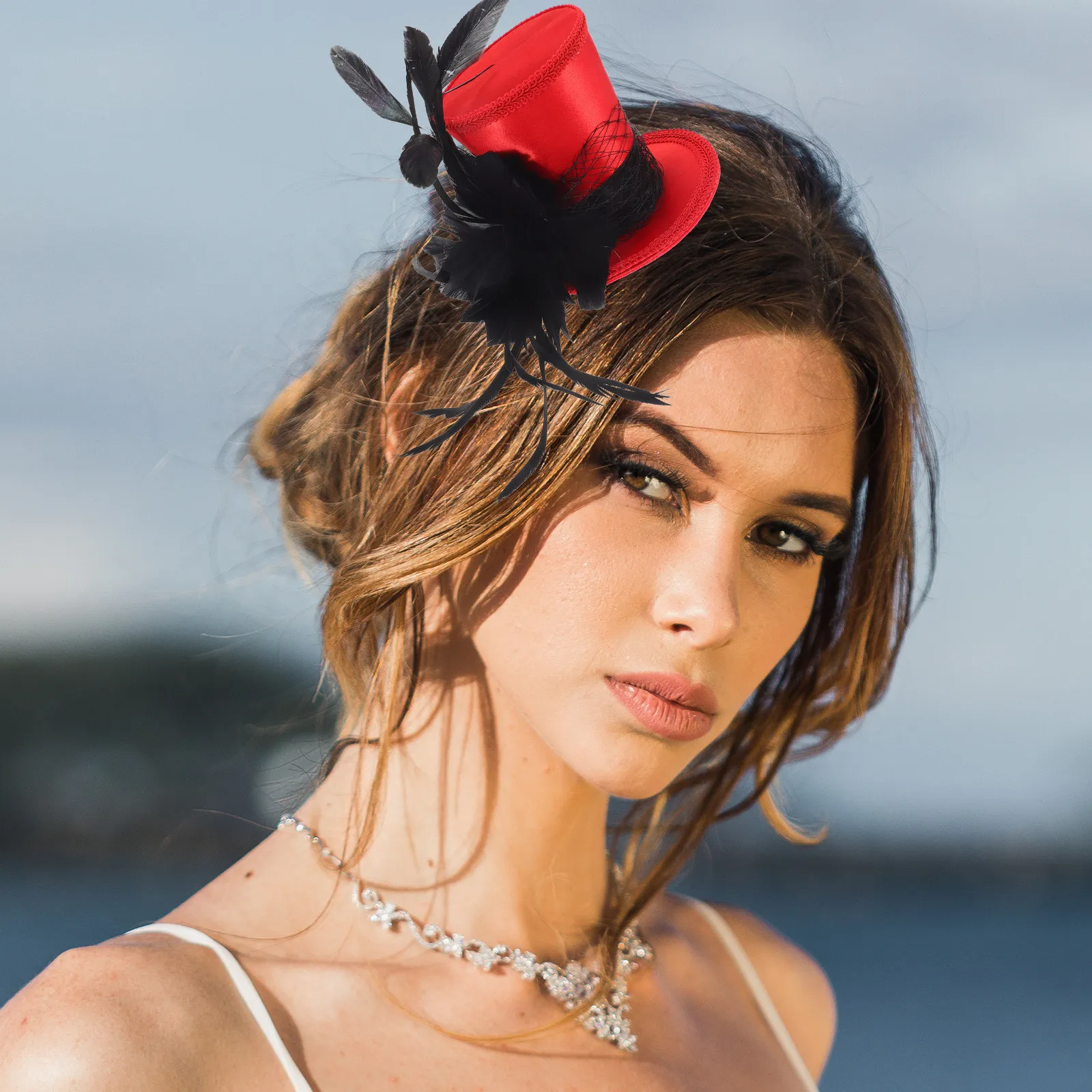 

Red Top Hat Women Fascinator Lightweight Tea Party Wedding Bride Headdress Elegant Banquet Performance Headpiece