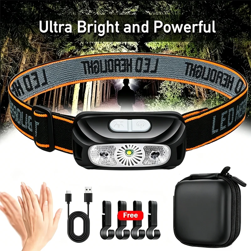 Linterna frontal de luz potente, linterna frontal portátil con Sensor LED, linterna frontal recargable por USB, linterna de emergencia para acampar al aire libre, pesca