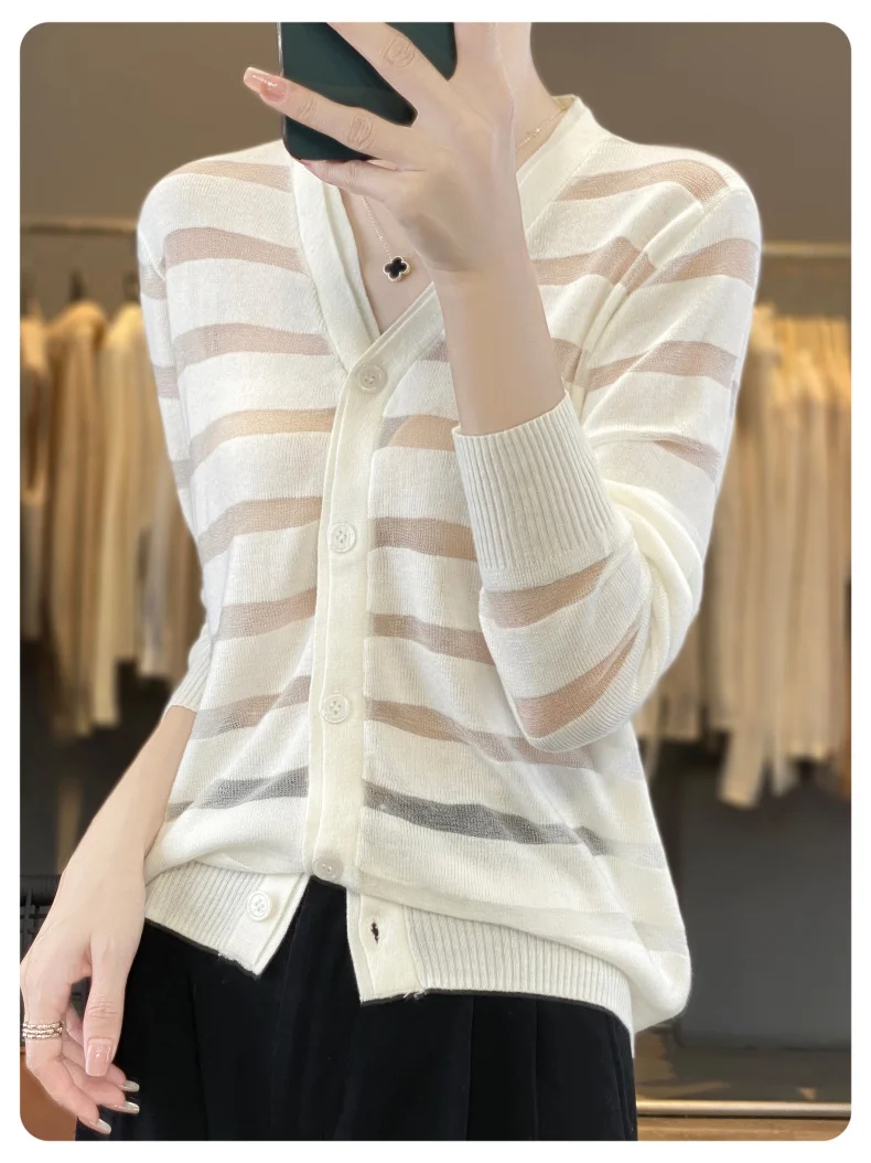 Fall Winter Large size Merino Wool Women\'s Cardigan V-Neck Knitted Outerwear Long Sleeve Top Thin Sexy Slightly Transparent Top