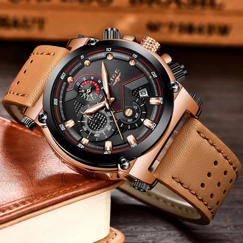 LIGE Mens Watches Fashion Sport Quartz WristWatch with Brown Leather Strap Chronograph Waterproof Auto Date Watch Men Clock Gift