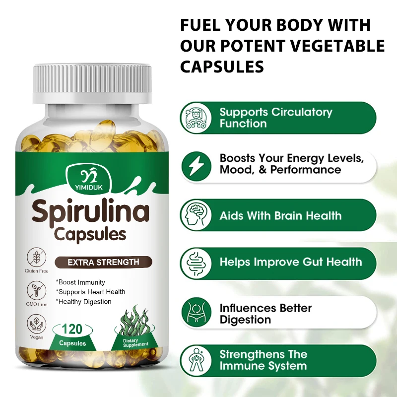 Spirulina Cápsulas para Saúde do Coração, Superalimento Verde, Suporte Detox, Magnésio, Estearato, Visão Ocular, Saúde do Cérebro