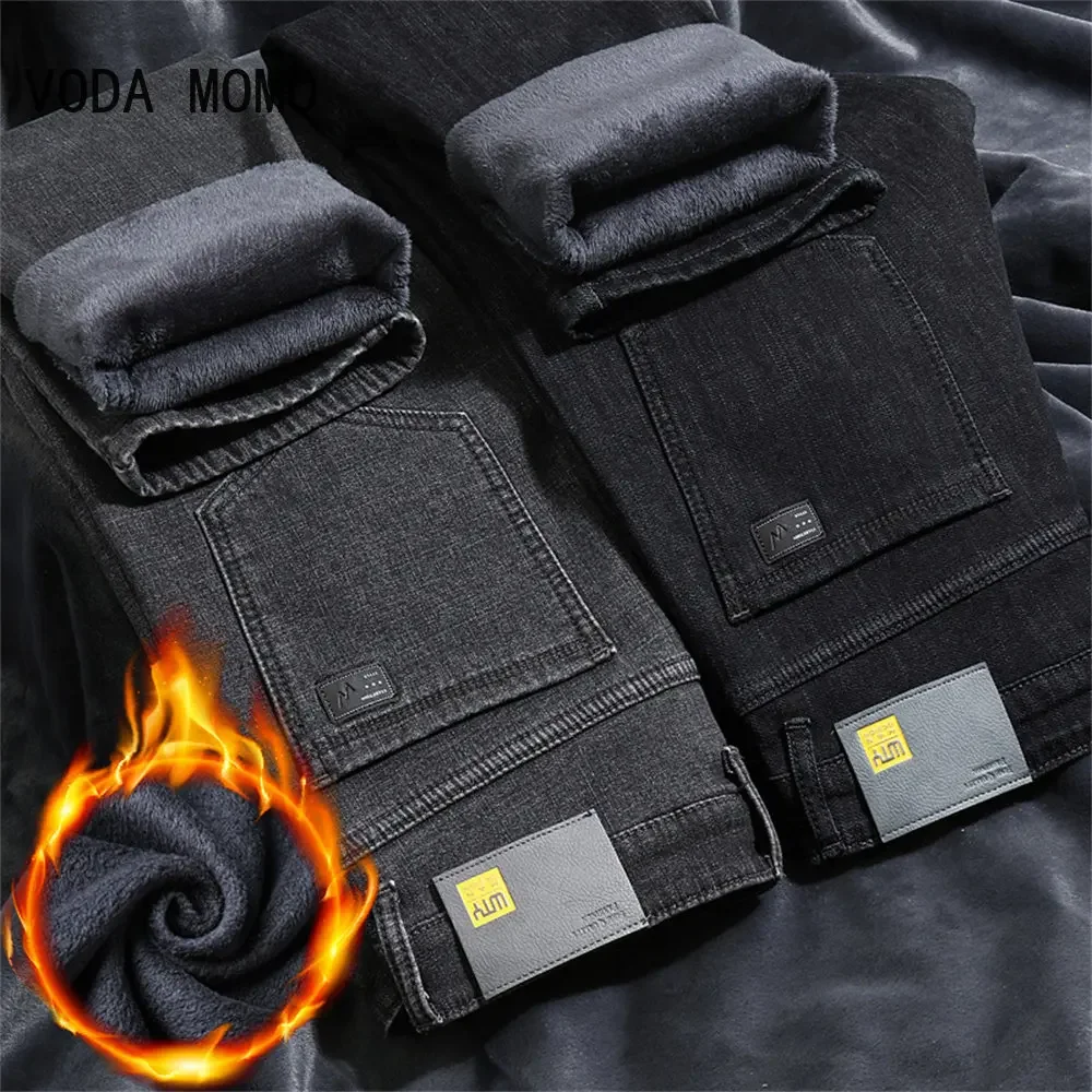 

Мужские теплые джинсы, флисовые толстые деловые зимние модные брюки 2025 года, классический стиль, эластичные джинсовые прямые брюки, мужские брюки 6 заказов