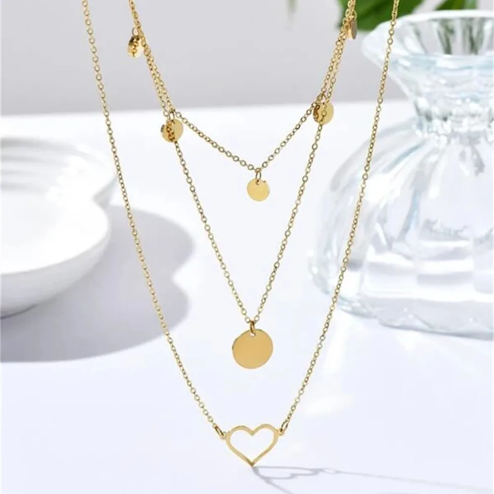 Fashion Gold Plated Chain Round Sequin Heart Frame Pendant Necklace For Women Female Vintage Simple Multilevel Boho Jewelry Gift