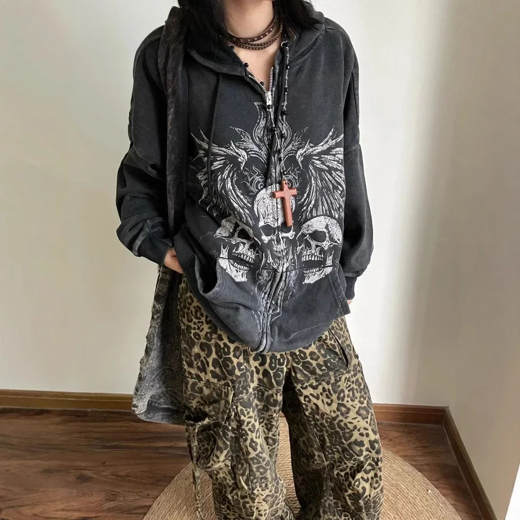 Dark Y2K Gothic Style Hoodies for Women Autumn Winter Punk Retro Skull Print Zip Up Hoodie Sweatshirt Hooded goth Jacket Coat