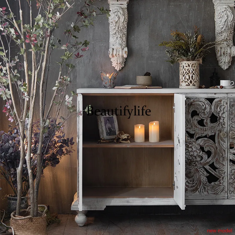 h178French retro old solid wood dining edge, small apartment entrance cabinet, American retro engraving, storage cabinet