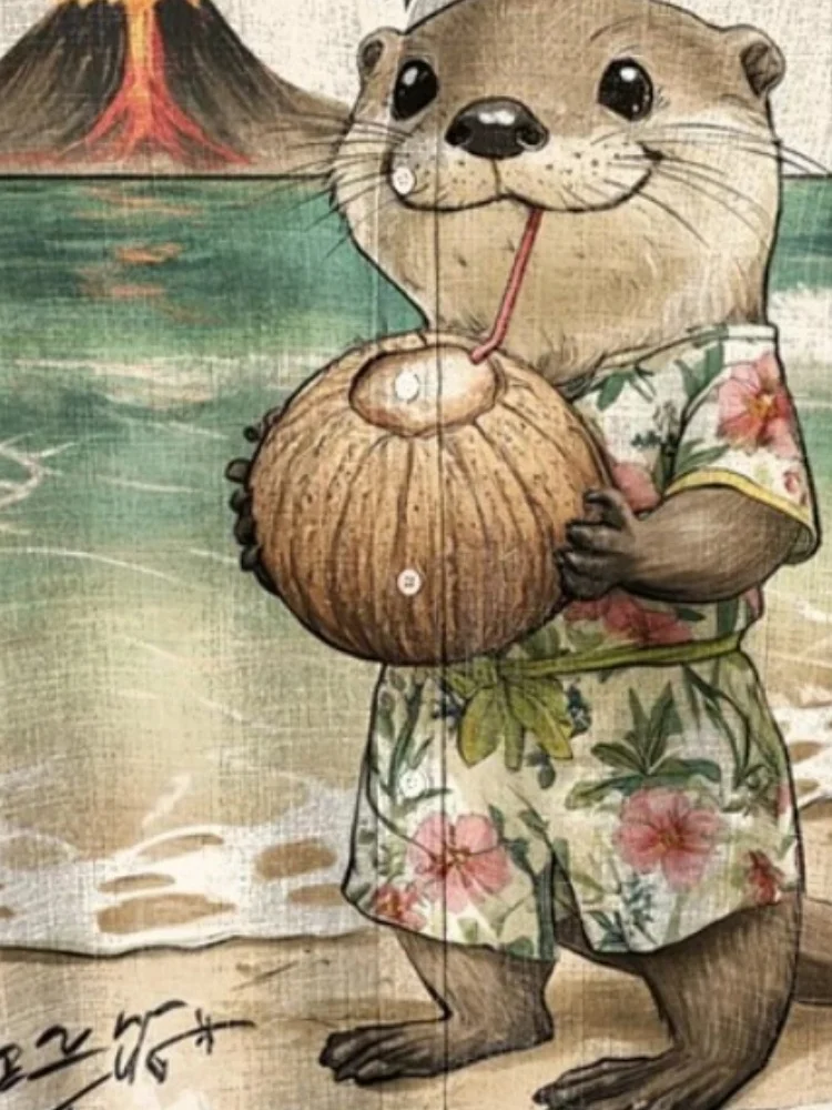 Men's Cute Otter Drinking Coconut Juice Print Short Sleeve Shirt Funny Printed Button Hawaii Beach Wearing Holiday 2025 New Top