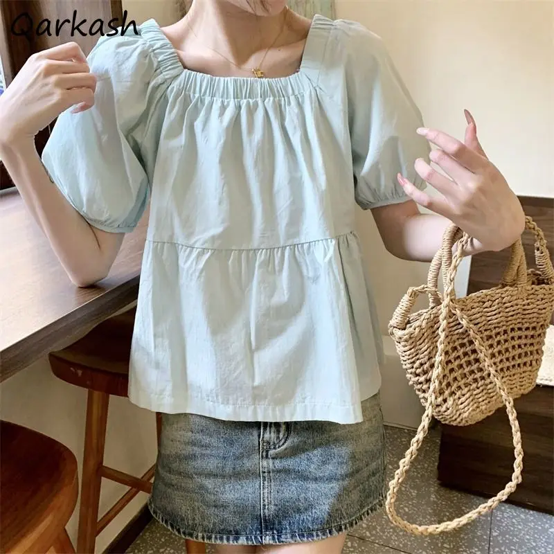 Blouses Women Light Green Sweet Short Sleeve Loose Square Collar French Style Folds Design Girlish Age-reducing Summer Simple BF