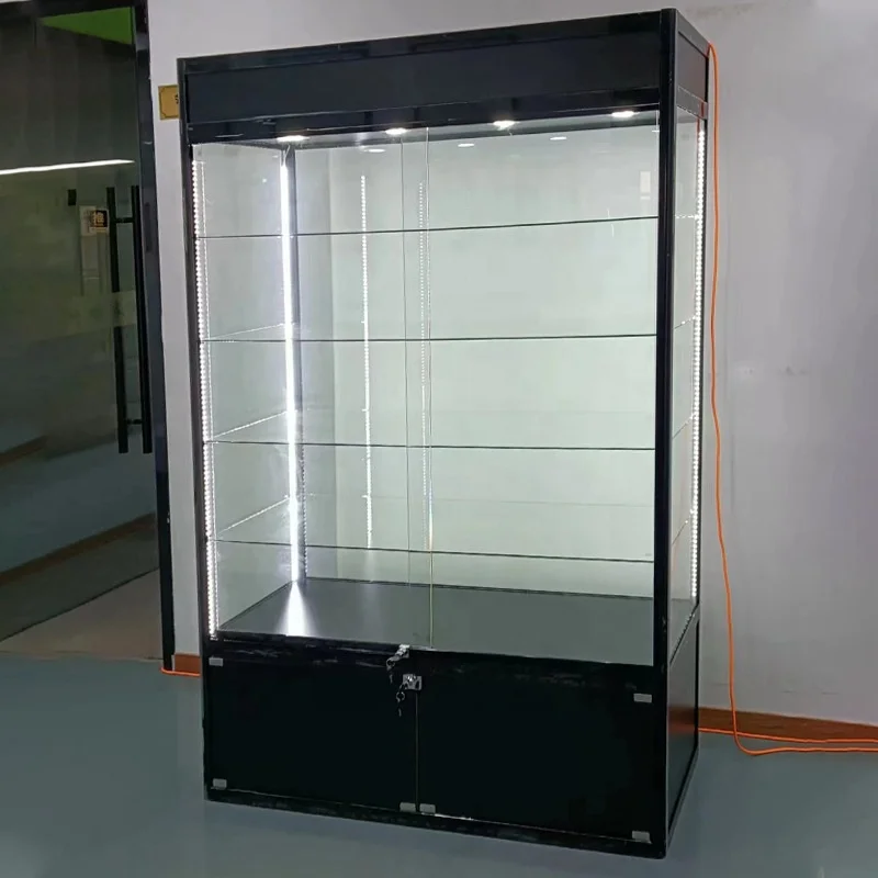 Custom, retail and tempered glass smoke shop showcase with Light Adjustable aluminium pole glass showcase