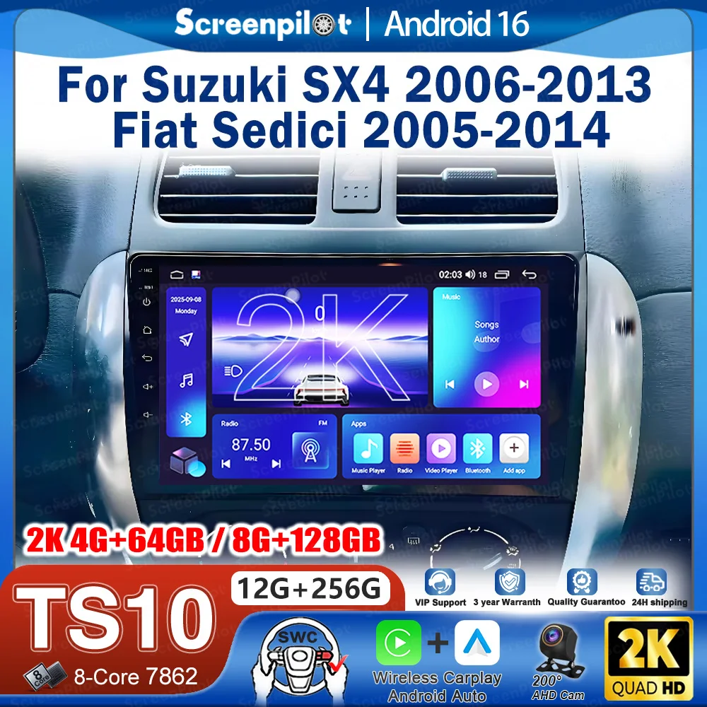Autoradio Android 16 pour Suzuki SX4 2006-2013 Fiat Sedici 2005-2014 Lecteur multimédia vidéo Navigation 2din Carplay Stéréo audio
