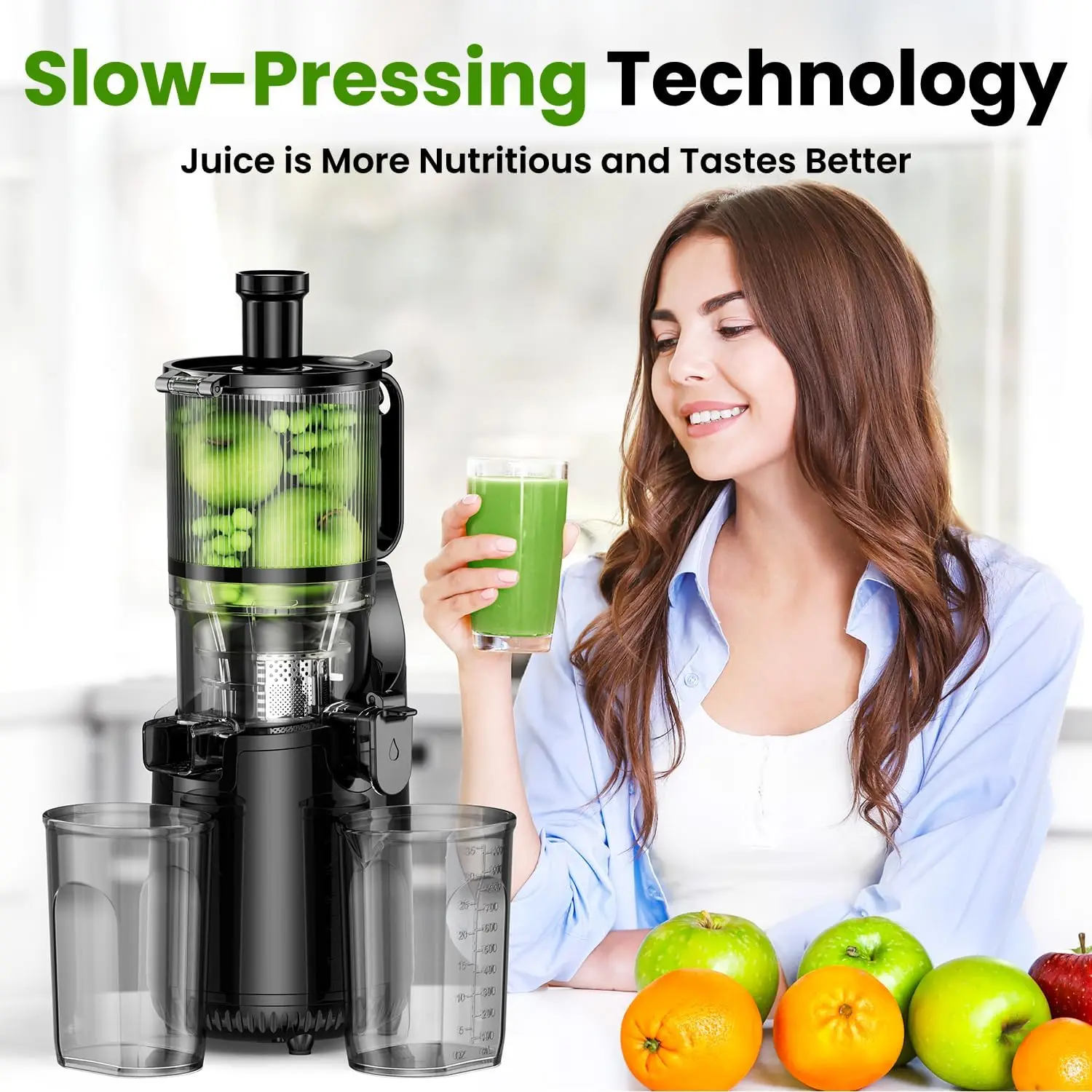 Máquina de espremedor a frio, Aumu Slow Masticating Machines, Calha de Alimentação Extra Grande, Ajustar Frutas Inteiras e Legumes, Limpeza Fácil