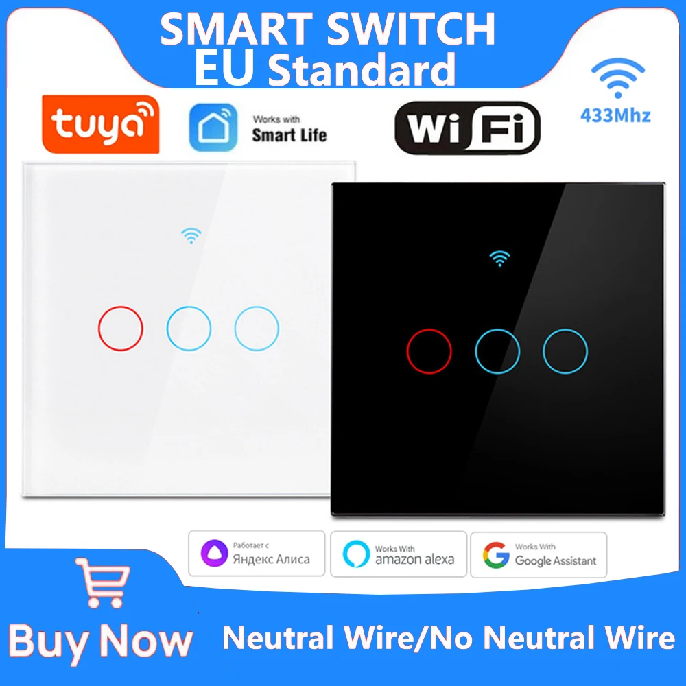 Tuya Wifi Smart Touch Light EU Switch Wireless Remote LED Light Switch nessun cavo neutro richiesto funziona con Alexa Google Home