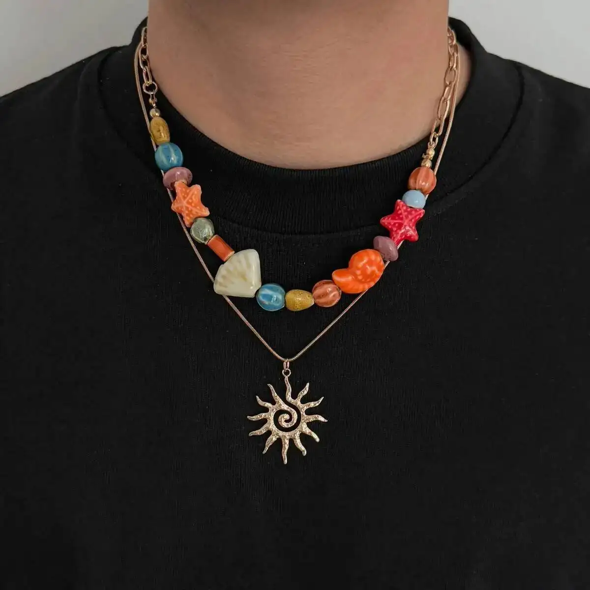 Salircon 2 Pcs/Set Y2K Trendy Colorful Ceramic Sea Star Conch Beaded Choker Necklace Boho Spiral Sun Pendant Necklace Jewelry