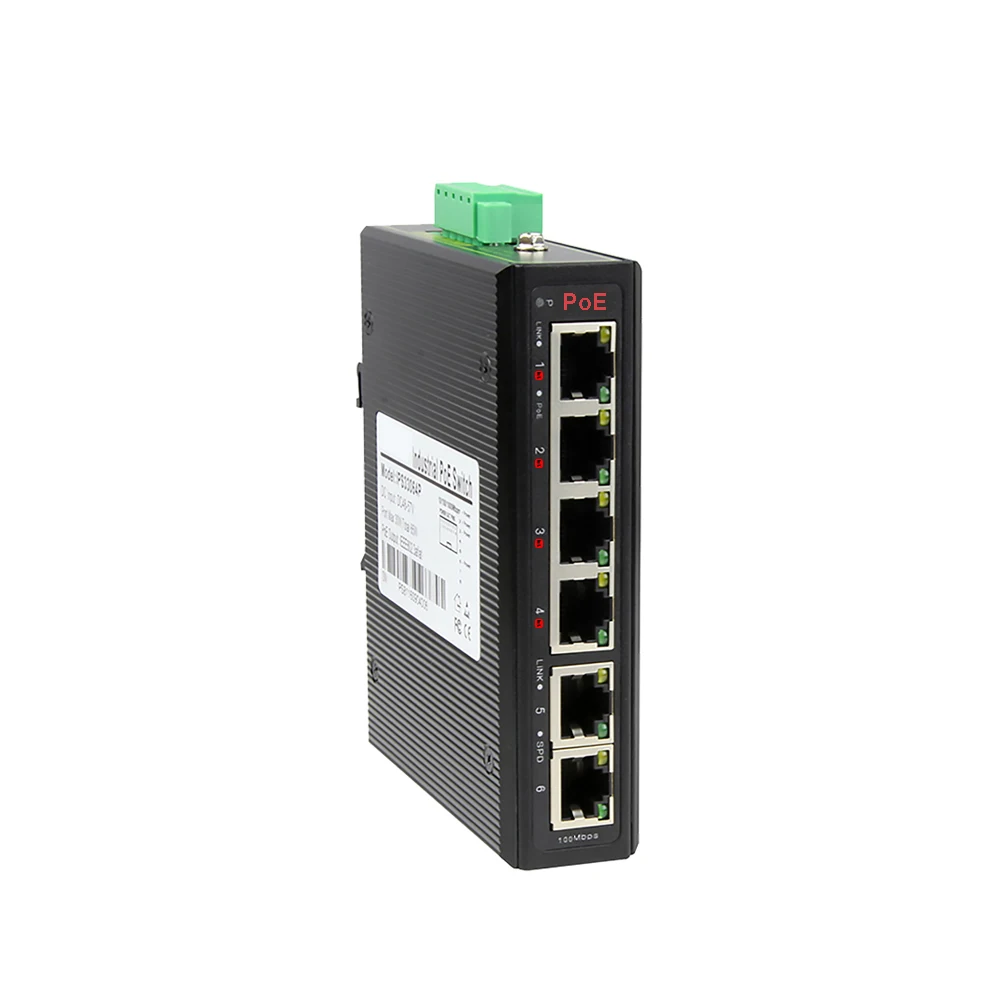 10/100Mbps 4+2 Industrial PoE Switch DC44-57V Dual Power Input Lightning Protection Dual Uplink RJ45 DIN Rail
