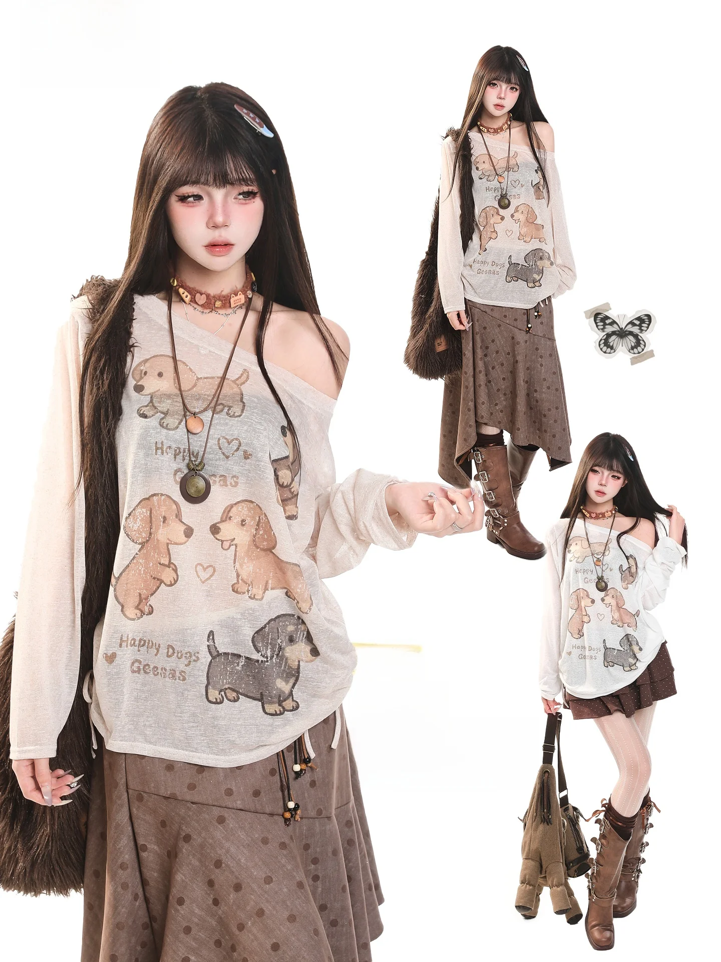American Retro Long Sleeve Dog Print T-Shirt Women's Loose Casual Lazy Style Unique Beautiful Shoulder Exposure Cover up