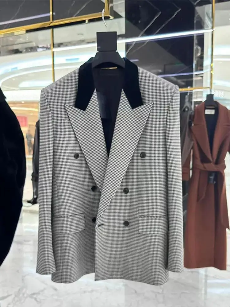 Design Contrast Color Notched Brazers Vintage Black Plaid Straight Suit Jackets British Style Elegant Office Lady Autumn Winter