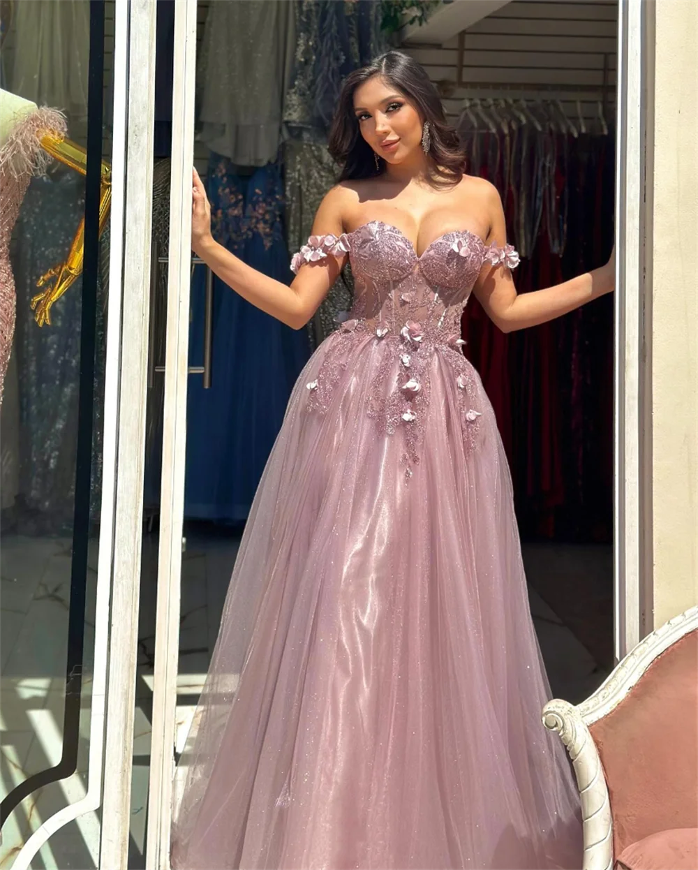 Jessica Glitter 3D Tulle Prom Dress Pink Off The Shoulder Evening Dresses Special Occasion Graduate Party Dresses Wedding Dress