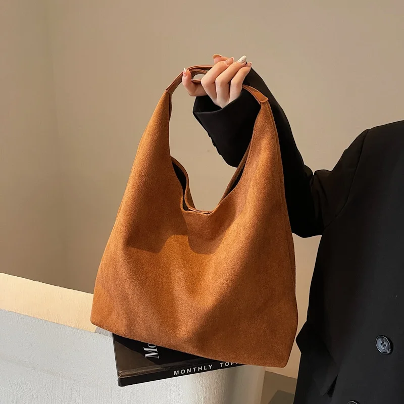 

Autumn and Winter Vintage Women's Bag Large Capacity Suede Shoulder Bag Solid Color Simple Casual Commuter Bag Retro Handbags