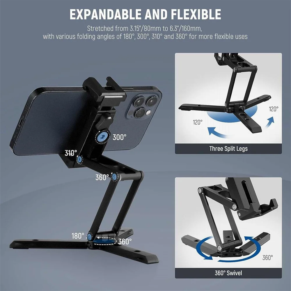 Mini Pocket Foldable Phone Tripod with Cold Shoe Desktop Tripod Phone Mount for Iphpne 15 14 Samsung Video Light Mic Photography