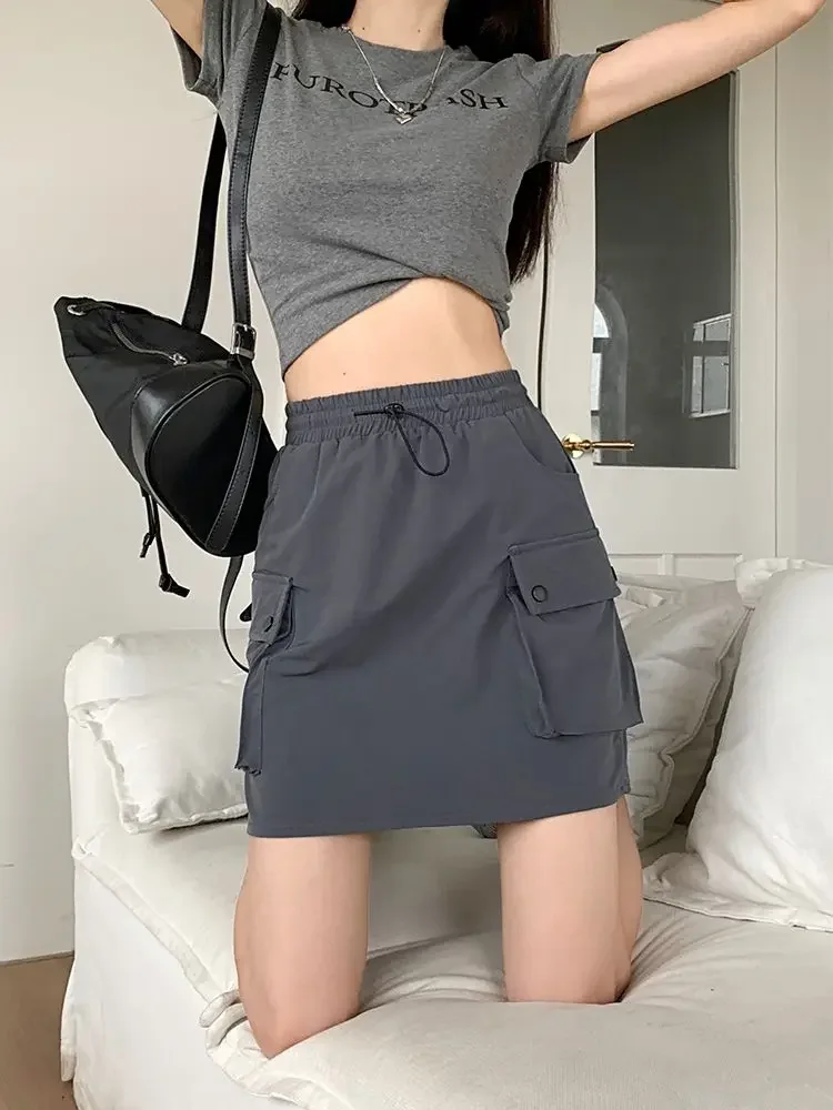 High Waist Skirts Women Drawstring Sporty Cool American Style Cargo Faldas Sexy Mujer All-match Personality Multi-pockets Simple