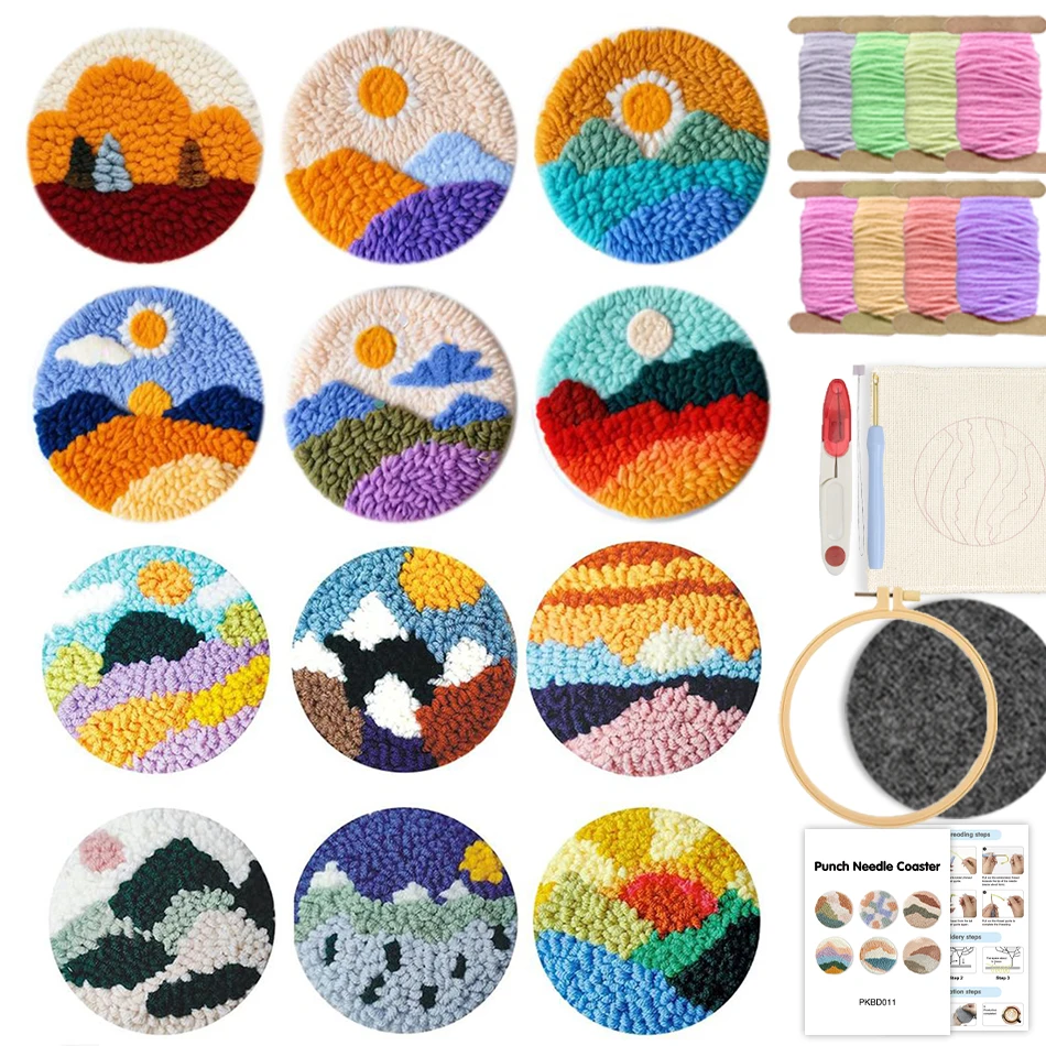 

Creative 6PCS Punch Needle Coaster Kit Landscape Pattern Yarns Embroidery Crafts Handmade Tufted Coasters Set Coffee Cup Pad