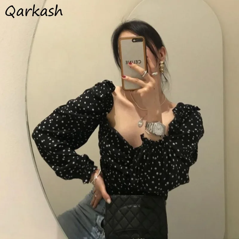 

Low-cut Blouses for Women Slim Crop Tops Gentle Literary Printed New Puff Sleeve French Style Sweet Office Lady Romantic Autumn