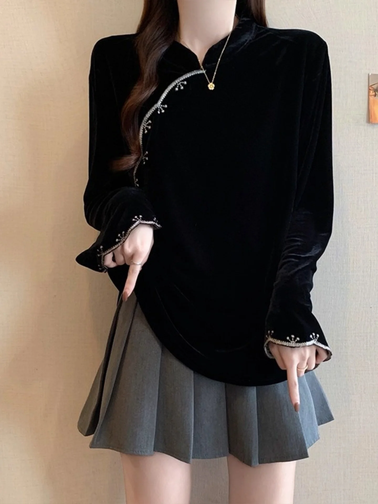 

Ретро-китайская блузка с длинным рукавом, свободного кроя, с воротником-стойкой, для женщин, повседневная, универсальная, больших размеров, весенняя