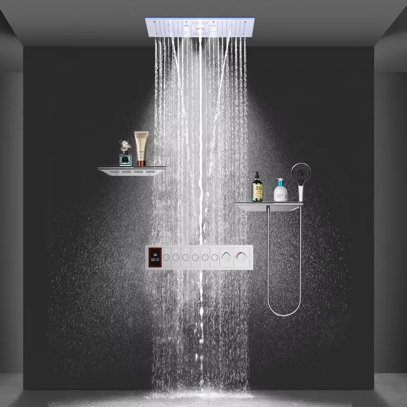 Bathroom Smart Rainfall Waterfall Shower Head Set Ceiling LED Shower Faucets 600*300 MM Thermostatic Shower System