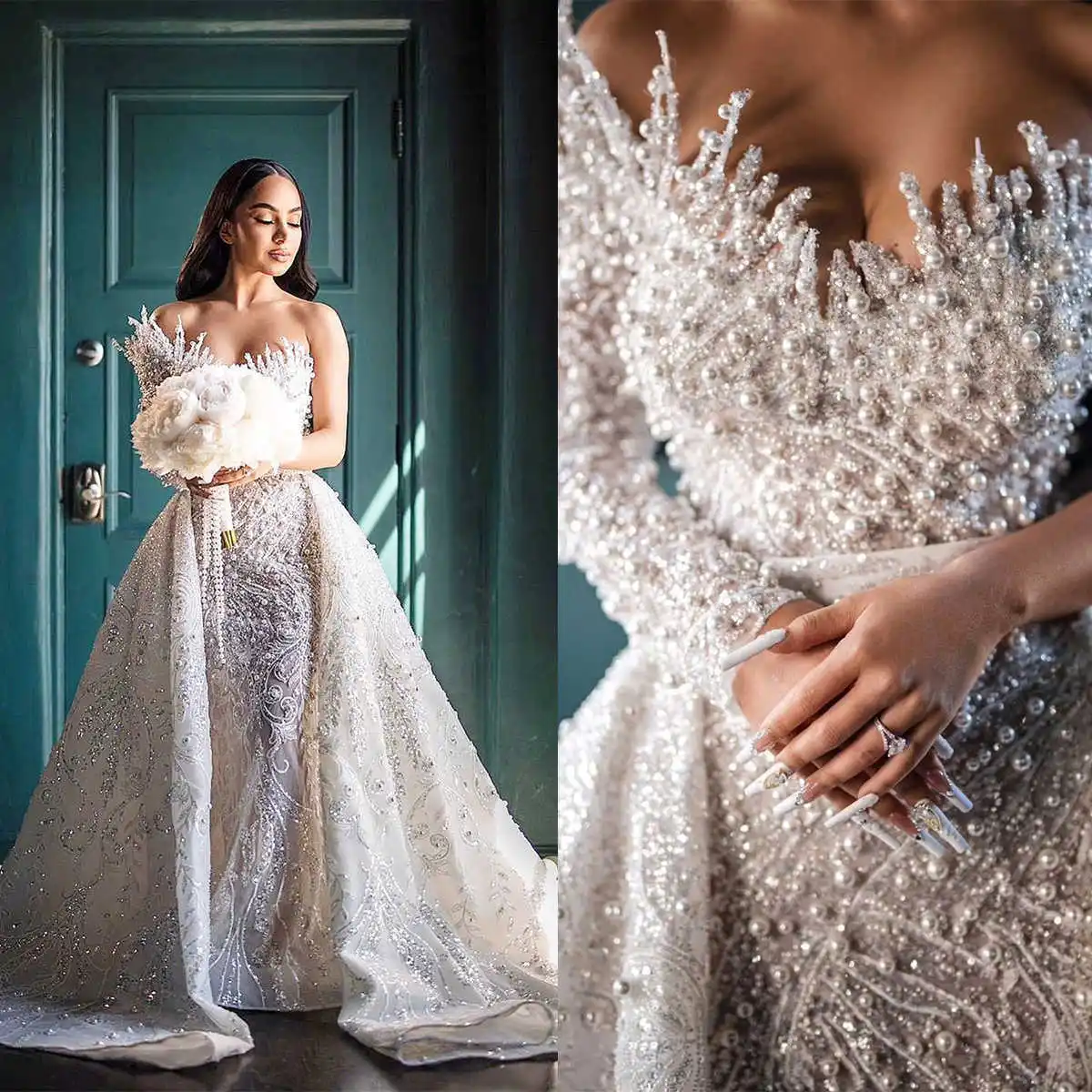 Luxury Mermaid Wedding Dresses Pearls Lace Beads Design Appliques Detachable Train Backless Bridal Custom Made Robe De Mariée