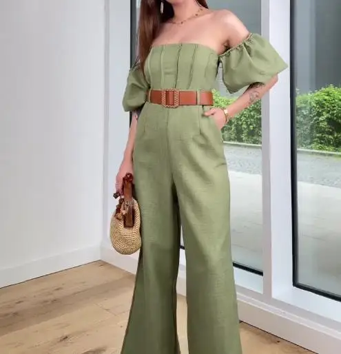 

Fashion Temperament Women's Jumpsuits New Style Summer One Shoulder Puff Sleeve High Waist Slimming Jumpsuit with Belt for Women