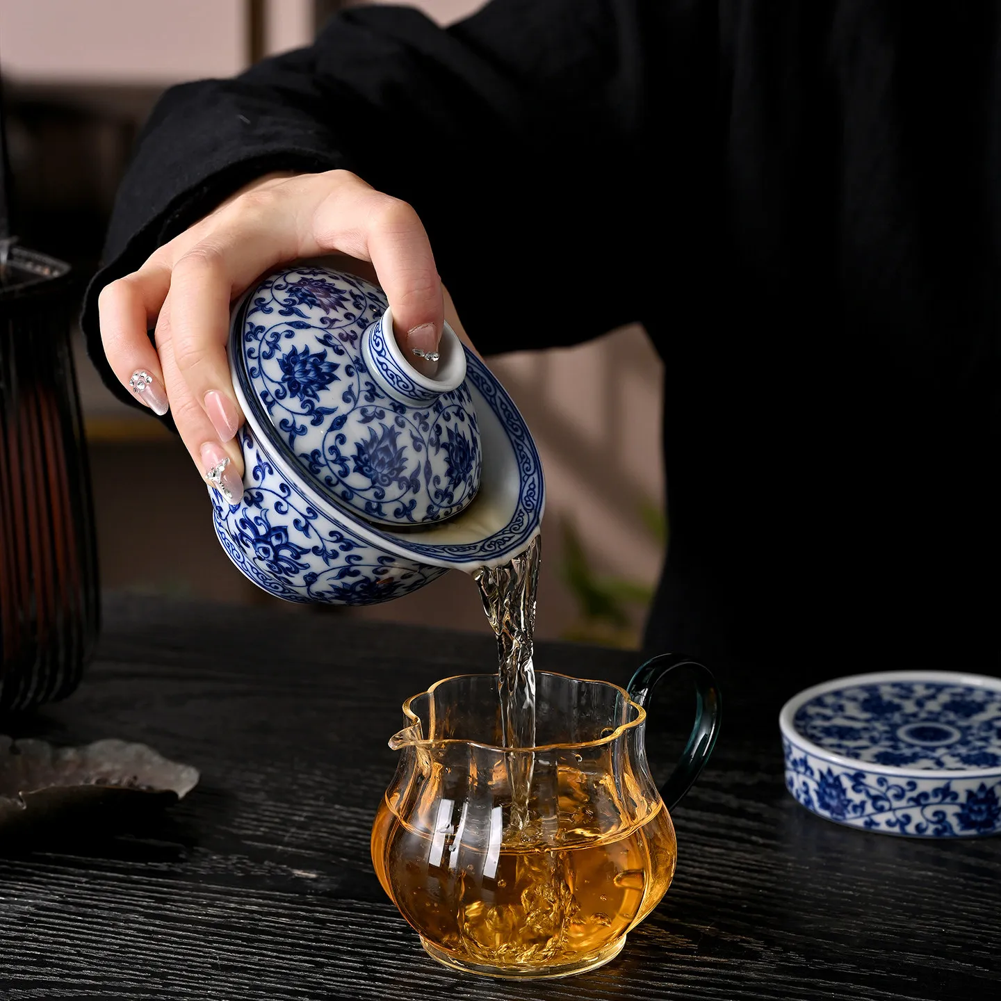 Jingdezhen Yongle Group Flower Interlock Branch Gaiwan Non-Scald Tea Brewing Bowl Household Blue and White Porcelain Cup Large