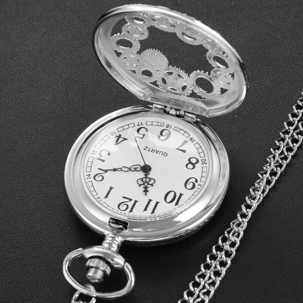 Vintage Time Gear Carved Pocket Watch Silver Hollow Steam Punk Necklace Pendant Chain Watch Men Women Children FOB Watch Gift