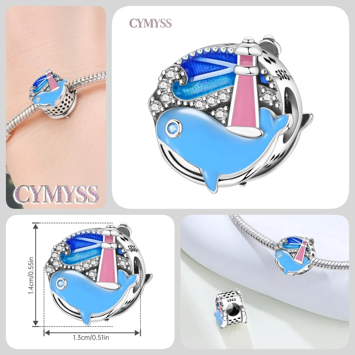 Blue Charm 925 Sterling Silver Ocean Pearls Betta Fish Pendant Birthday Party Gift for Women Bracelet Necklace DIY Beads Jewelry