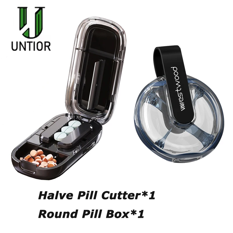 Portable Pill Cutter Halve and Quarter Adjustable Split Medication Storage Cutter Dustproof Divider Organizer Crusher Pill Box