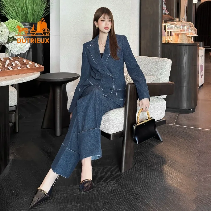 Autumn Double-breasted Suit Jacket and Wide-leg Pants with Wide-rimmed Ribbon Piping, 100% Cotton Leisure Fashion Suit Women