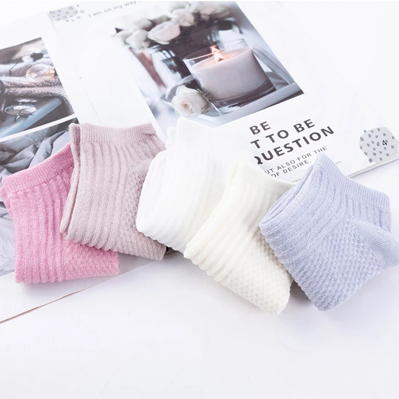 Lot de 5 paires de chaussettes invisibles en coton pour femme, fines, respirantes, coupe basse, bateau, été