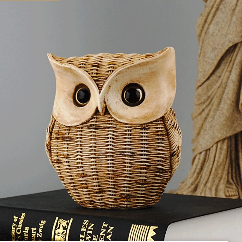 NORTHEUINS Resin Wise Night Owl Biomimetic Rattan Weaving Figurines Animal Statue Retro Art Ornaments Home Interior Decorations