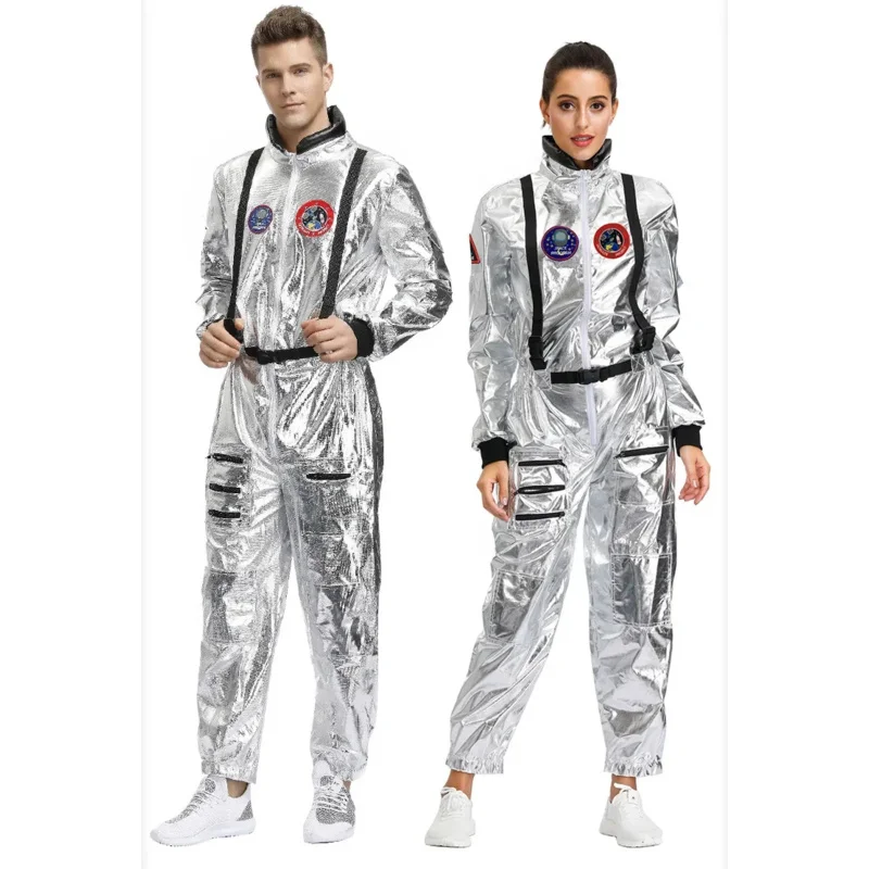 Mono de astronauta para parejas adultas, conjuntos de Cosplay de Carnaval de Spoceman plateado alienígena MS35239