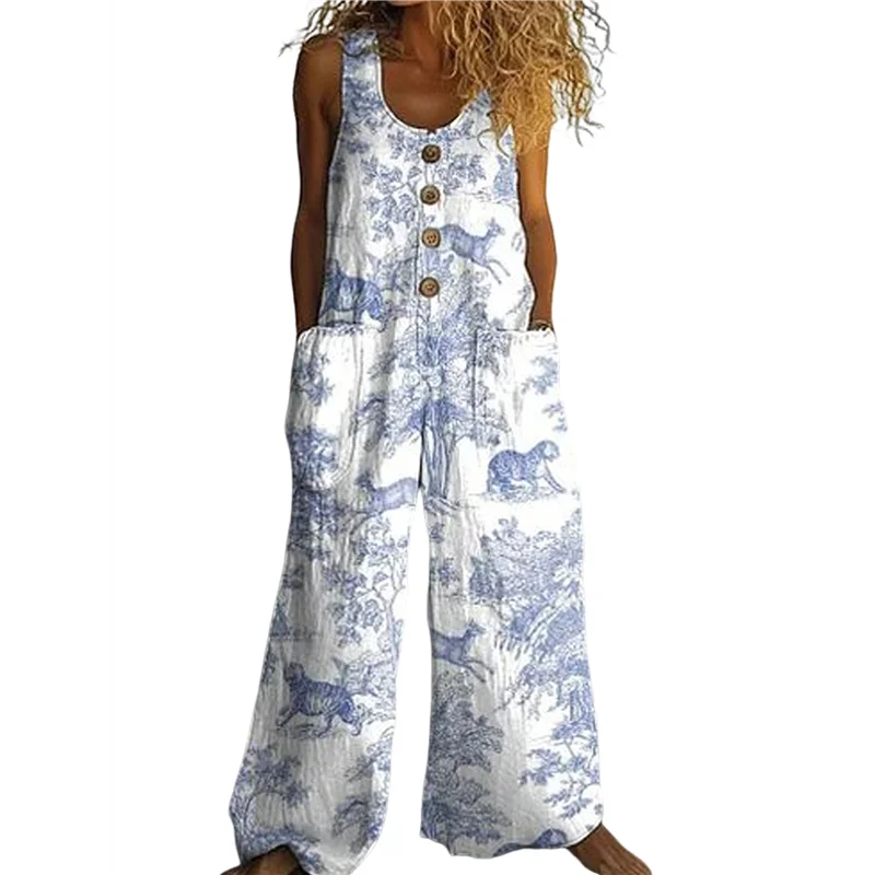 

【SEE】Women's Summer Boho Casual Jumpsuits Wide Leg Overalls Floral Print Baggy Rompers With Pockets