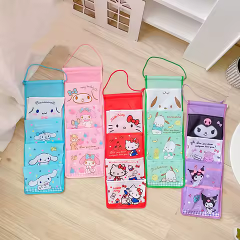 Sanrio Hello Kitty Cute Storage Bag Anime Surrounding Kuromi Dormitory Bedroom Wall Mounted Simple Cartoon Four Grid Storage Bag