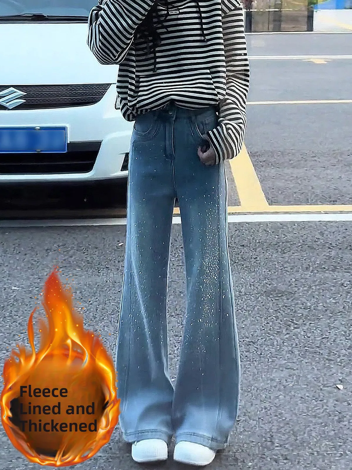 

Blue High Waist iny Diamond Fce Lined Slim Fit Bell Bot Jeans Women's Spring New Sle Thermal Comfortable Stretch Denim