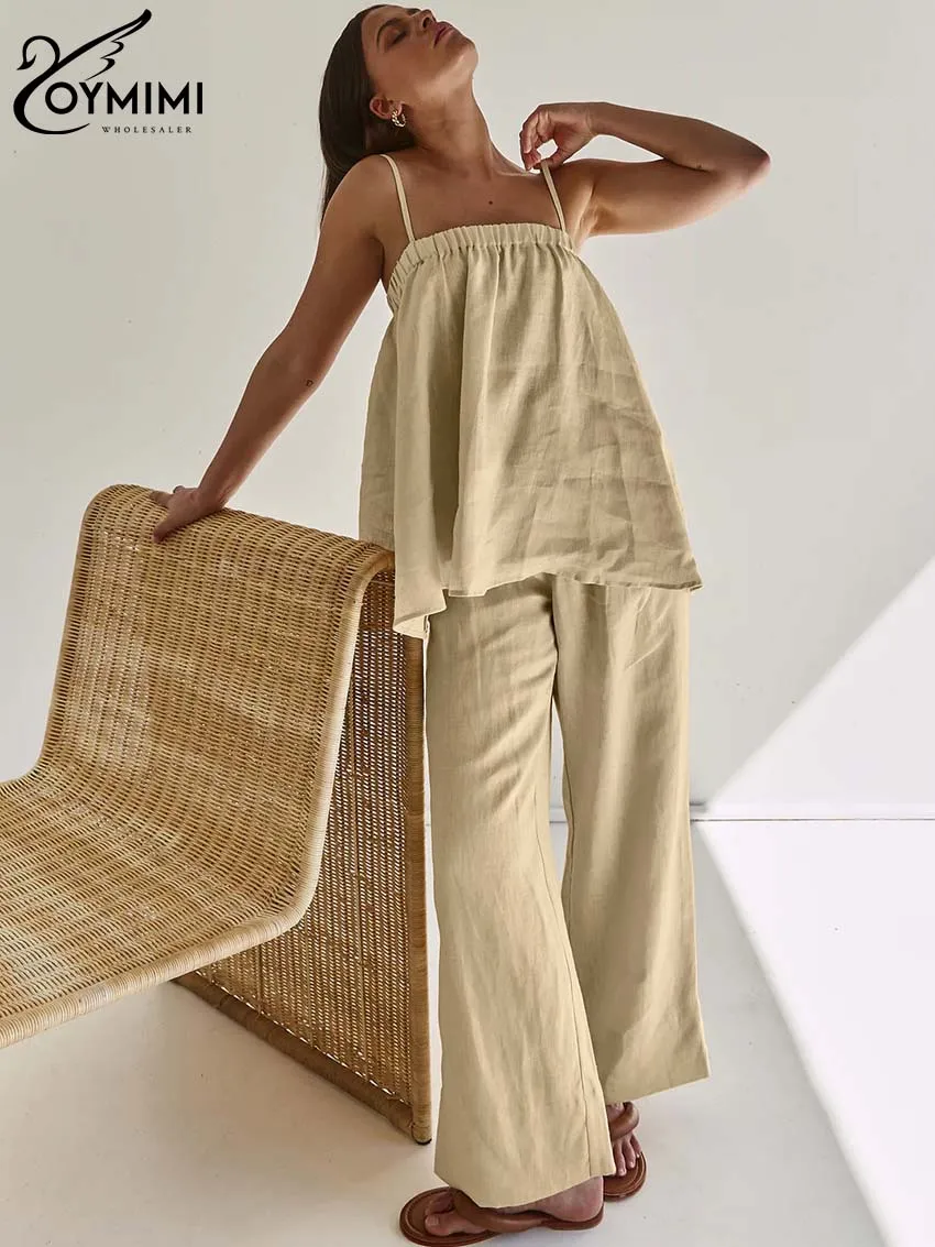 Oymimi Casual Khaki Cotton Women 2 Piece Set Outfit Spring Spaghetti Strap Loose Top And High Waist Straight Trousers Female Set